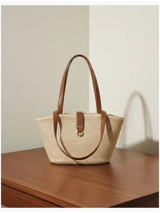 Woven Raffia Straw Tote Bag with PU Leather Handle, Beach Bag - Picture 1 of 7